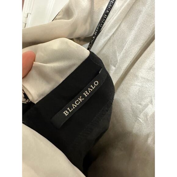 Black halo women's black white halter abstract mini dress size 4 - Picture 3 of 6